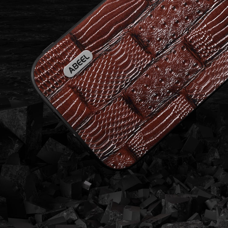 For iPhone 15 Pro ABEEL Genuine Leather Mahjong Pattern Black Edge Phone Case(Brown) - HoMEdemic™ 