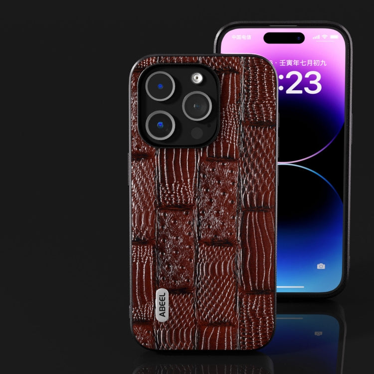 For iPhone 15 Pro ABEEL Genuine Leather Mahjong Pattern Black Edge Phone Case(Brown) - HoMEdemic™ 