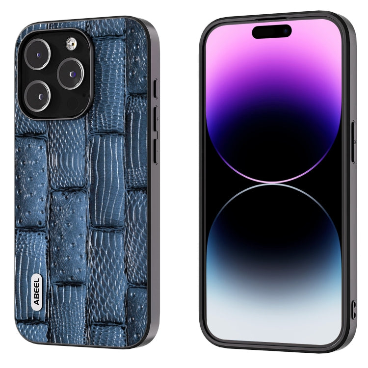 For iPhone 15 Pro ABEEL Genuine Leather Mahjong Pattern Black Edge Phone Case(Blue) - HoMEdemic™ 