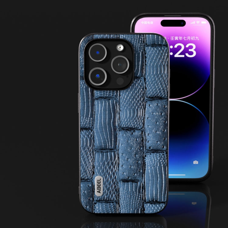 For iPhone 15 Pro ABEEL Genuine Leather Mahjong Pattern Black Edge Phone Case(Blue) - HoMEdemic™ 