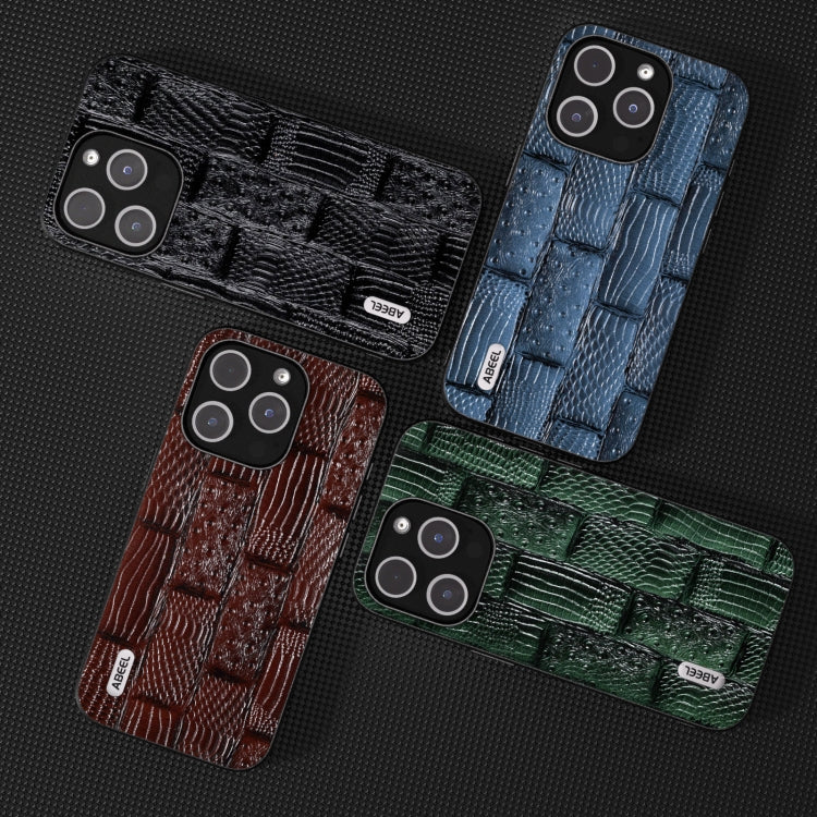 For iPhone 15 Pro ABEEL Genuine Leather Mahjong Pattern Black Edge Phone Case(Blue) - HoMEdemic™ 