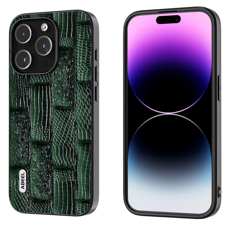 For iPhone 15 Pro ABEEL Genuine Leather Mahjong Pattern Black Edge Phone Case(Green) - HoMEdemic™ 