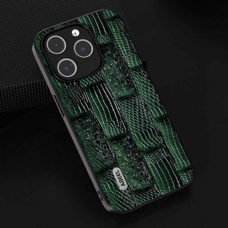 For iPhone 15 Pro ABEEL Genuine Leather Mahjong Pattern Black Edge Phone Case(Green) - HoMEdemic™ 