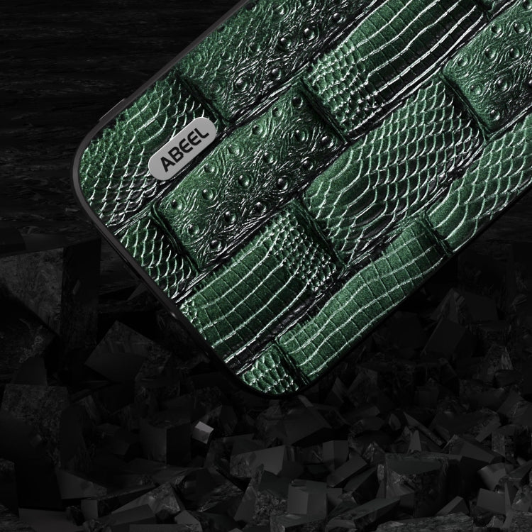 For iPhone 15 Pro ABEEL Genuine Leather Mahjong Pattern Black Edge Phone Case(Green) - HoMEdemic™ 