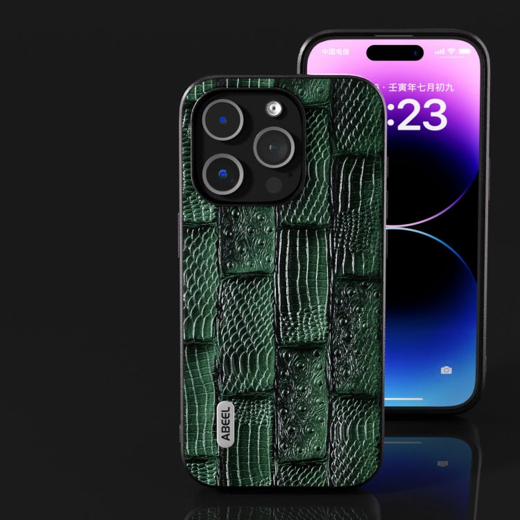 For iPhone 15 Pro ABEEL Genuine Leather Mahjong Pattern Black Edge Phone Case(Green) - HoMEdemic™ 