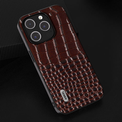 For iPhone 15 Pro Max ABEEL Genuine Leather Crocodile Pattern Black Edge Phone Case(Coffee) - HoMEdemic™ 