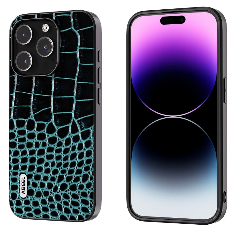 For iPhone 15 Pro ABEEL Genuine Leather Crocodile Pattern Black Edge Phone Case(Blue) - HoMEdemic™ 