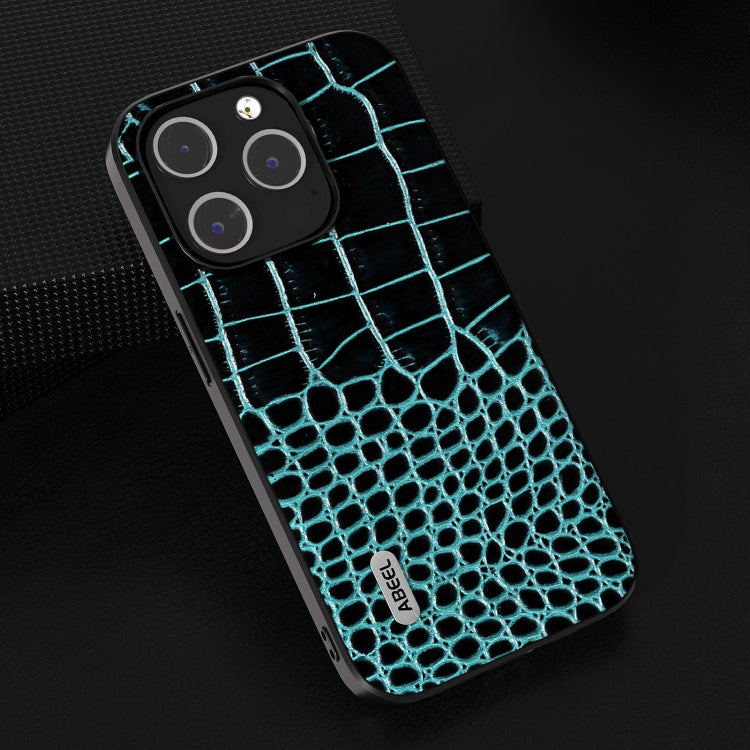 For iPhone 15 Pro ABEEL Genuine Leather Crocodile Pattern Black Edge Phone Case(Blue) - HoMEdemic™ 