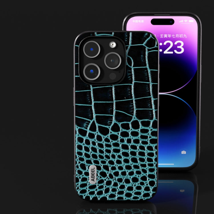 For iPhone 15 Pro ABEEL Genuine Leather Crocodile Pattern Black Edge Phone Case(Blue) - HoMEdemic™ 