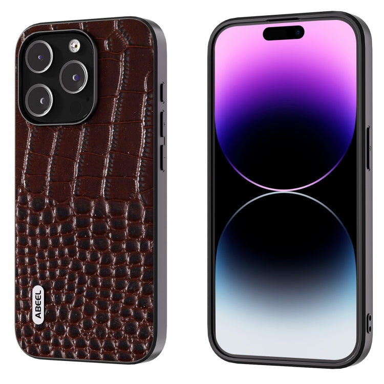 For iPhone 15 Pro ABEEL Genuine Leather Crocodile Pattern Black Edge Phone Case(Coffee) - HoMEdemic™ 
