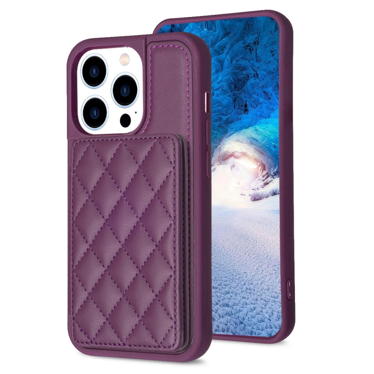 For iPhone 15 Pro BF25 Square Plaid Card Bag Holder Phone Case(Dark Purple) - HoMEdemic™ 