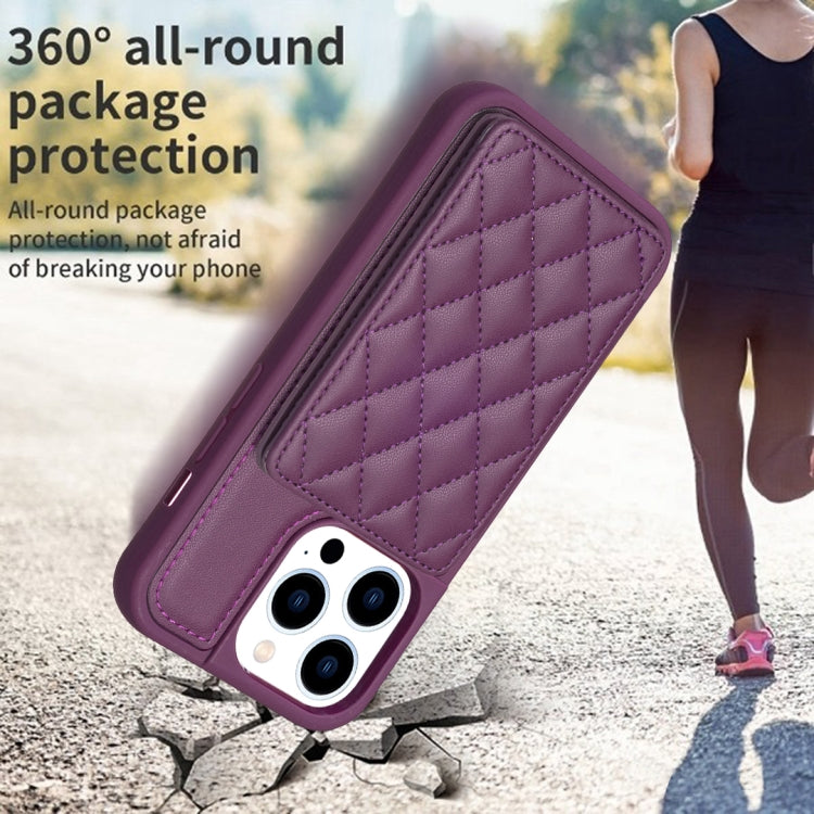 For iPhone 15 Pro BF25 Square Plaid Card Bag Holder Phone Case(Dark Purple) - HoMEdemic™ 