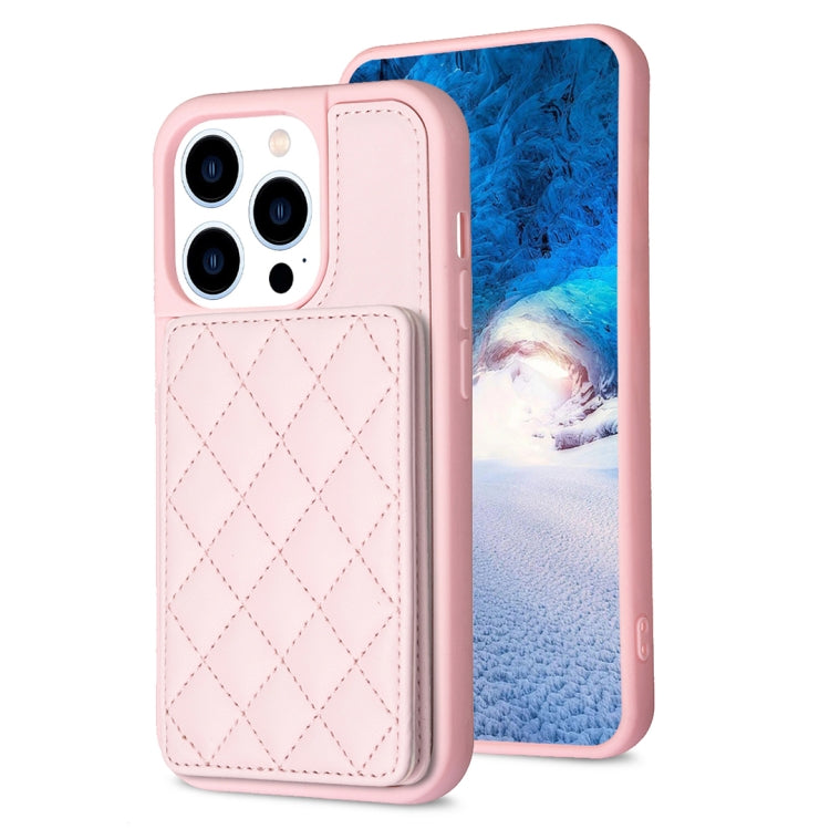For iPhone 15 Pro BF25 Square Plaid Card Bag Holder Phone Case(Pink) - HoMEdemic™ 
