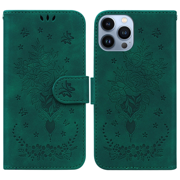 For iPhone 15 Pro Butterfly Rose Embossed Leather Phone Case(Green) - HoMEdemic™ 