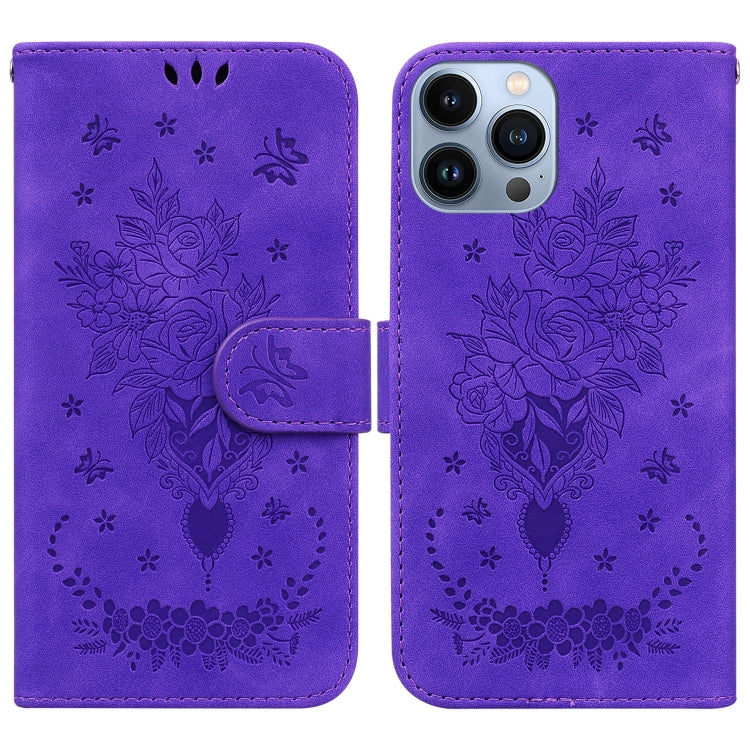 For iPhone 15 Pro Butterfly Rose Embossed Leather Phone Case(Purple) - HoMEdemic™ 
