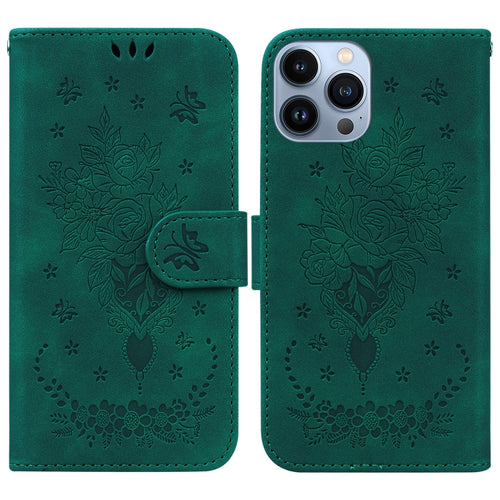 For iPhone 15 Pro Max Butterfly Rose Embossed Leather Phone Case(Green) - HoMEdemic™ 