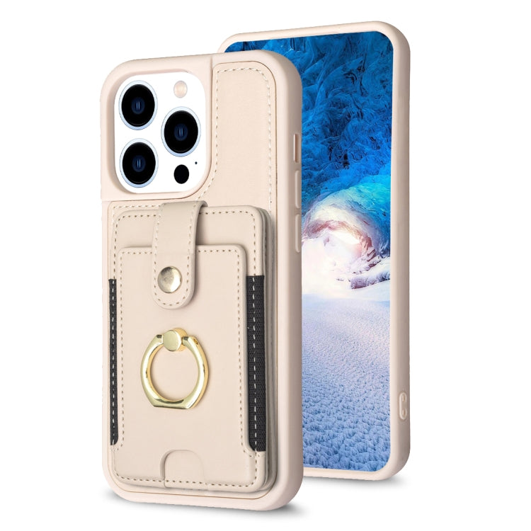 For iPhone 15 Pro BF27 Metal Ring Card Bag Holder Phone Case(Beige) - HoMEdemic™ 