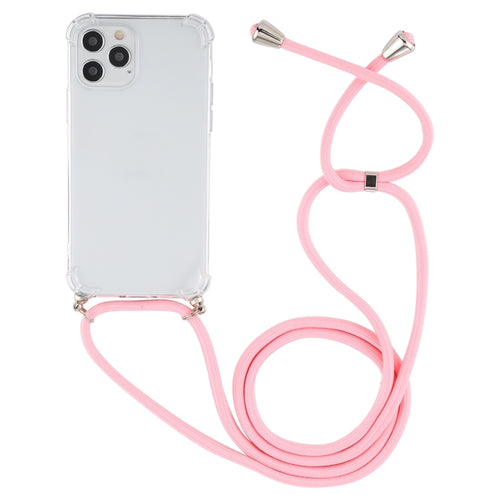 For iPhone 15 Pro Max Four-Corner Shockproof Transparent TPU Case with Lanyard(Light Pink) - HoMEdemic™ 