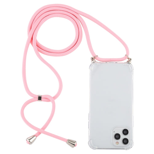 For iPhone 15 Pro Max Four-Corner Shockproof Transparent TPU Case with Lanyard(Light Pink) - HoMEdemic™ 