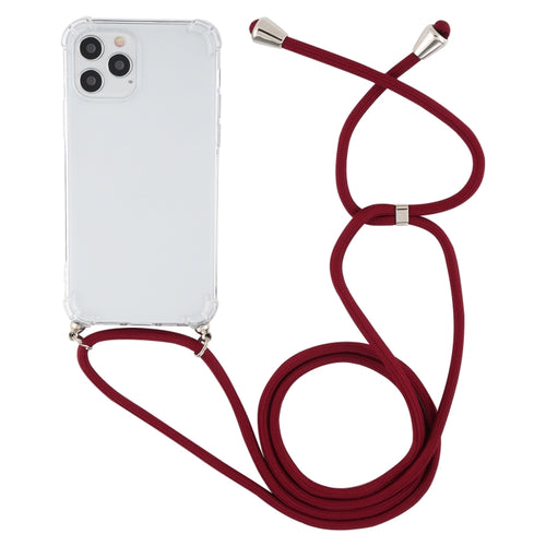 For iPhone 15 Pro Max Four-Corner Shockproof Transparent TPU Case with Lanyard(Wine Red) - HoMEdemic™ 