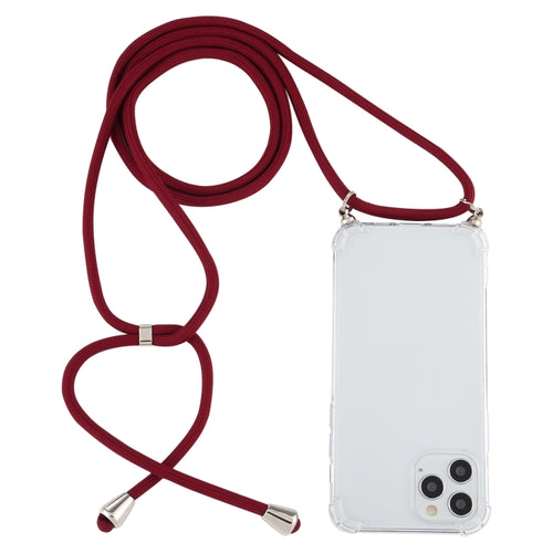 For iPhone 15 Pro Max Four-Corner Shockproof Transparent TPU Case with Lanyard(Wine Red) - HoMEdemic™ 