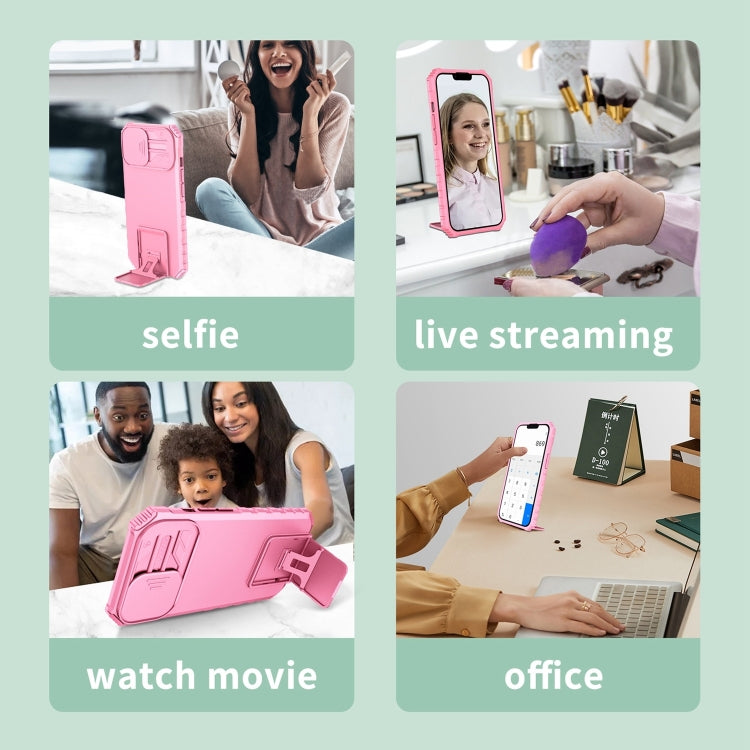 For iPhone 15 Pro Stereoscopic Holder Sliding Camshield Phone Case(Pink) - HoMEdemic™ 