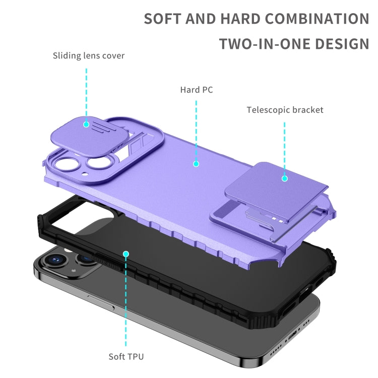 For iPhone 15 Pro Stereoscopic Holder Sliding Camshield Phone Case(Purple) - HoMEdemic™ 
