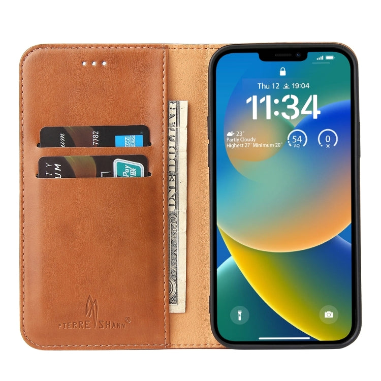 For iPhone 15 Plus Fierre Shann PU Genuine Leather Texture Phone Case(Brown) - HoMEdemic™ 