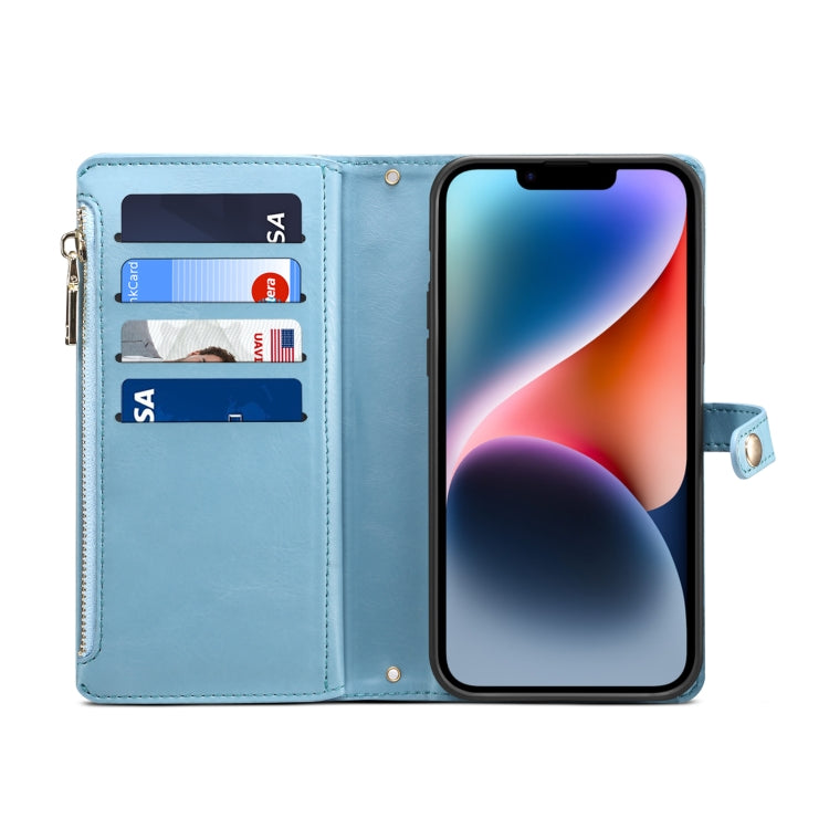 For iPhone 15 Plus ESEBLE Star Series Lanyard Zipper Wallet RFID Leather Case(Blue) - HoMEdemic™ 