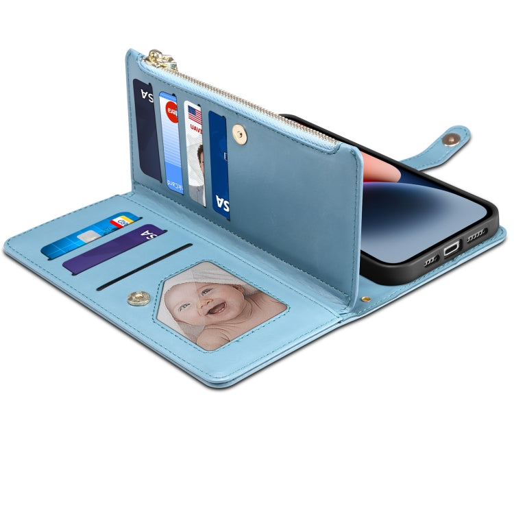 For iPhone 15 Plus ESEBLE Star Series Lanyard Zipper Wallet RFID Leather Case(Blue) - HoMEdemic™ 