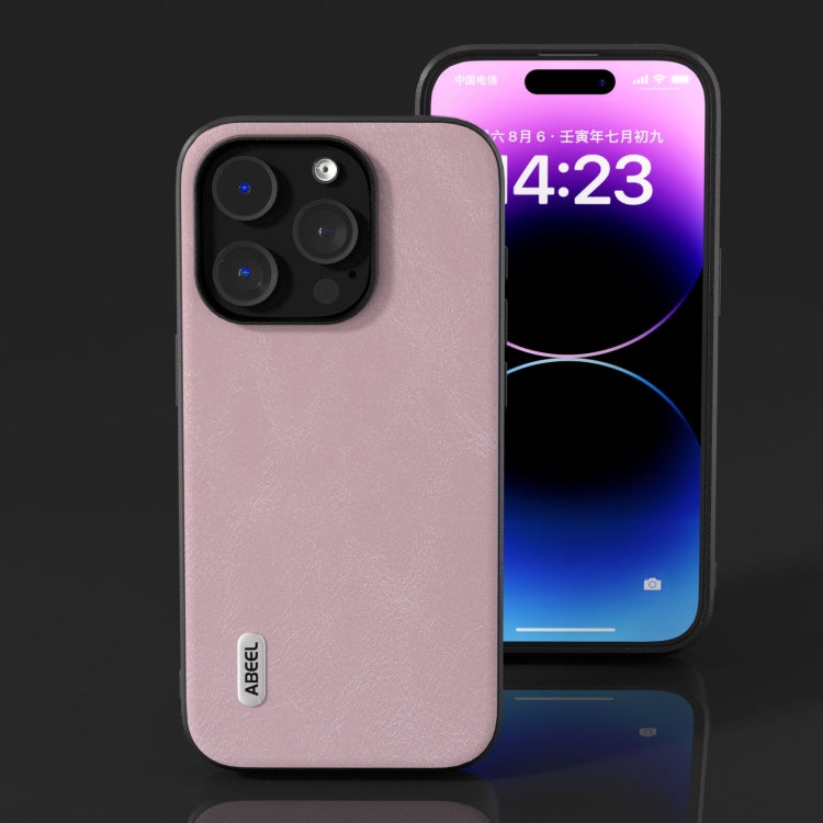 For iPhone 15 Pro ABEEL Cowhide Texture PU Phone Case(Pink) - HoMEdemic™ 