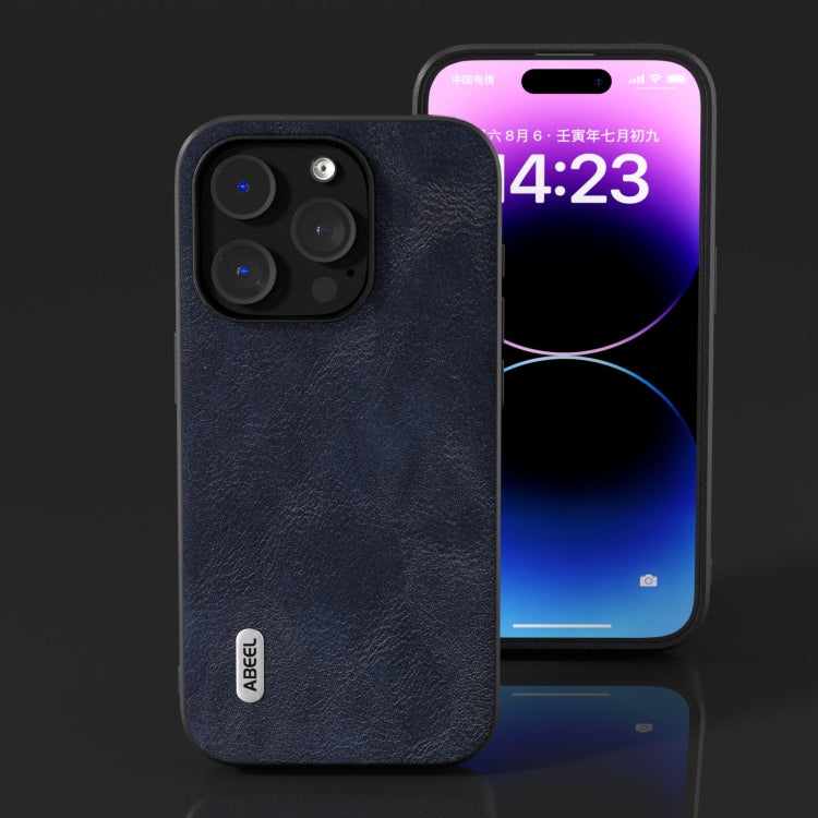 For iPhone 15 Pro ABEEL Cowhide Texture PU Phone Case(Blue) - HoMEdemic™ 