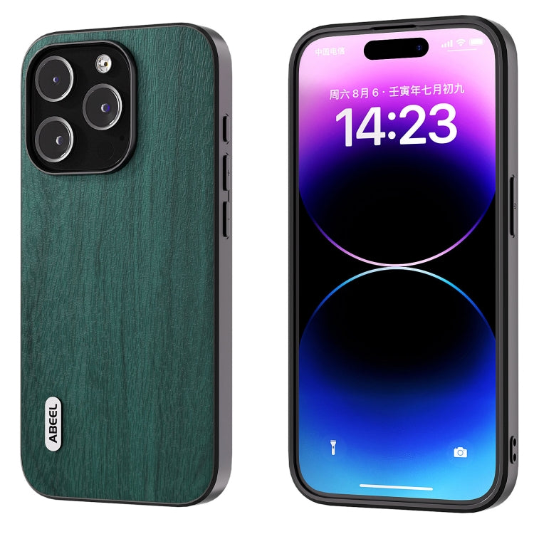 For iPhone 15 Pro ABEEL Wood Texture PU Phone Case(Green) - HoMEdemic™ 