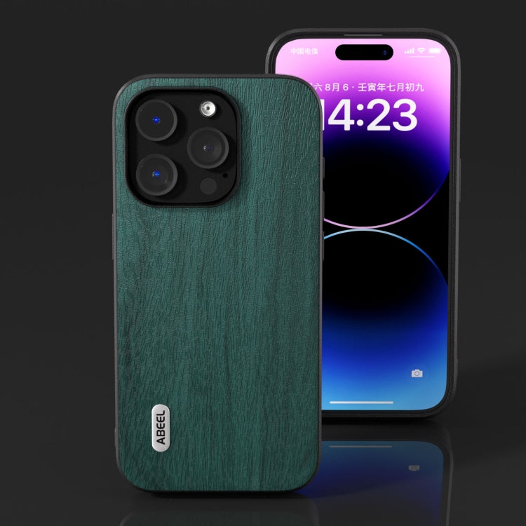 For iPhone 15 Pro ABEEL Wood Texture PU Phone Case(Green) - HoMEdemic™ 