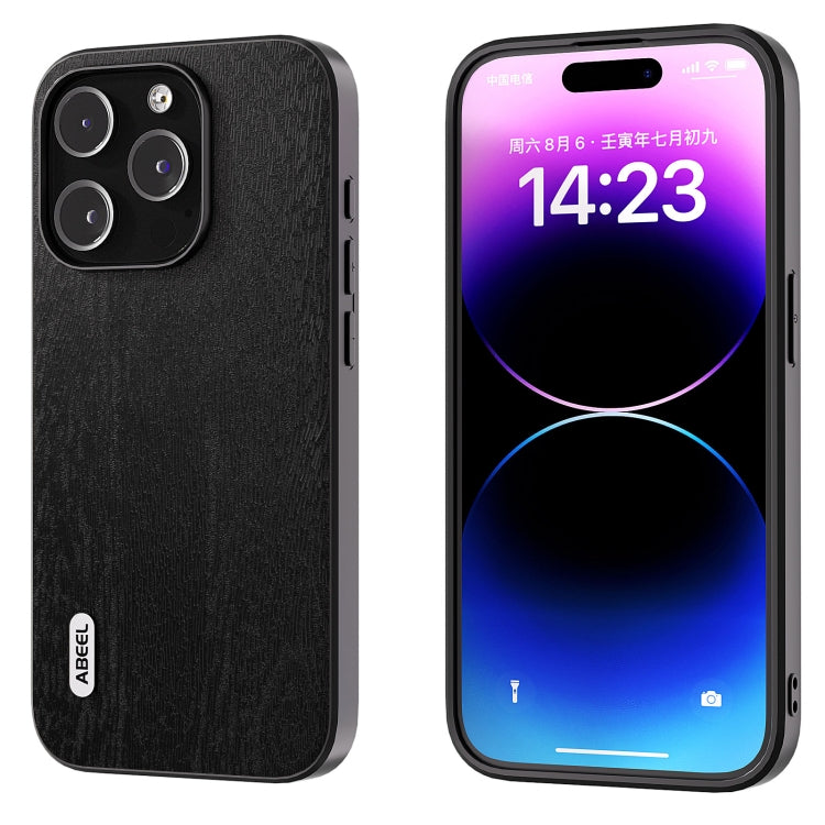 For iPhone 15 Pro ABEEL Wood Texture PU Phone Case(Black) - HoMEdemic™ 