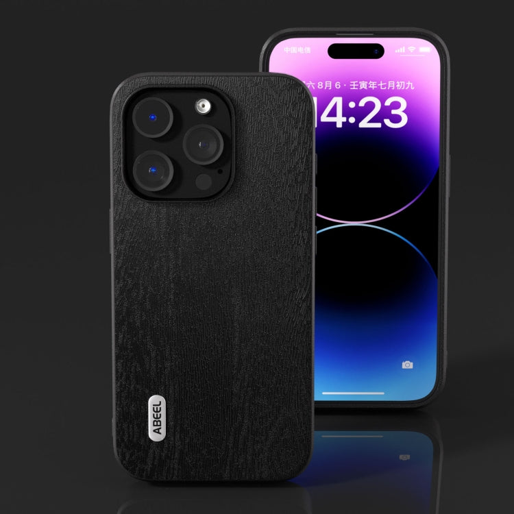 For iPhone 15 Pro ABEEL Wood Texture PU Phone Case(Black) - HoMEdemic™ 