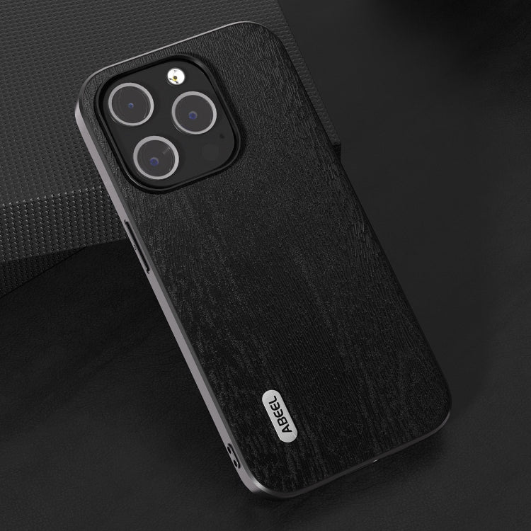 For iPhone 15 Pro ABEEL Wood Texture PU Phone Case(Black) - HoMEdemic™ 