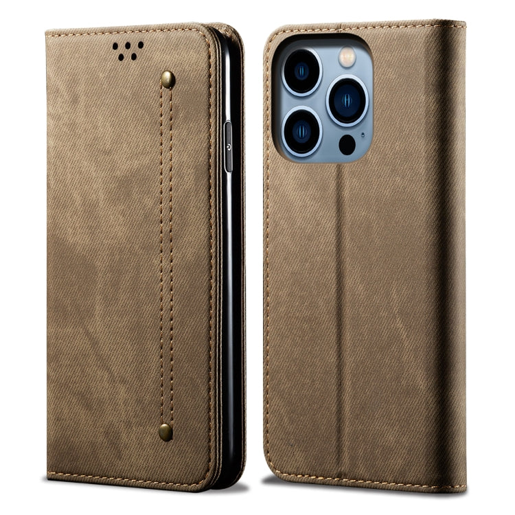 For iPhone 15 Pro Denim Texture Casual Style Horizontal Flip Leather Case(Khaki) - HoMEdemic™ 