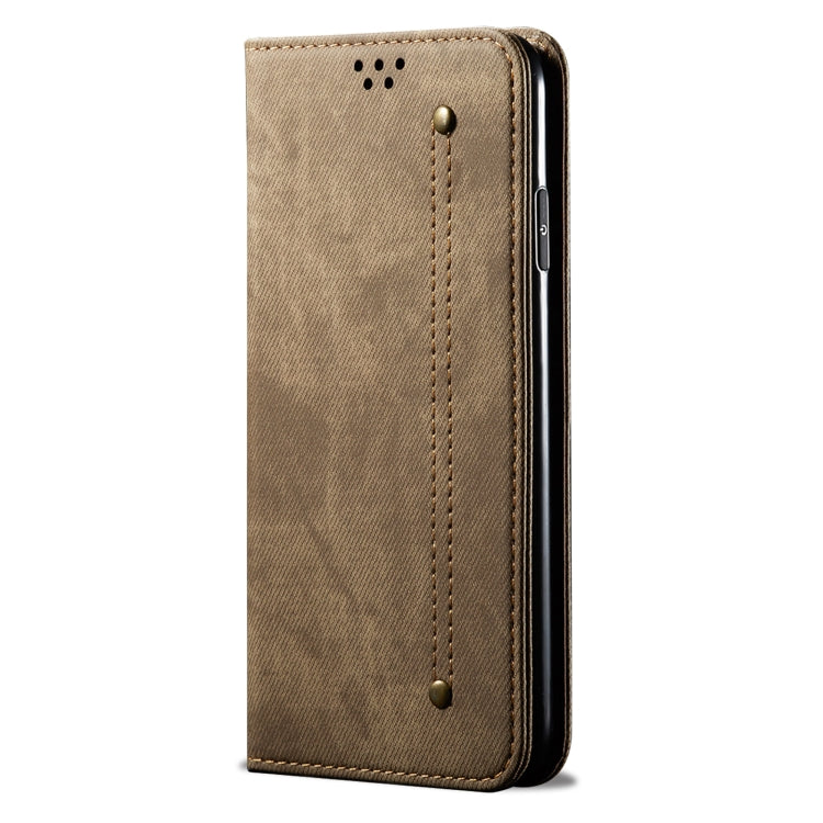 For iPhone 15 Pro Denim Texture Casual Style Horizontal Flip Leather Case(Khaki) - HoMEdemic™ 