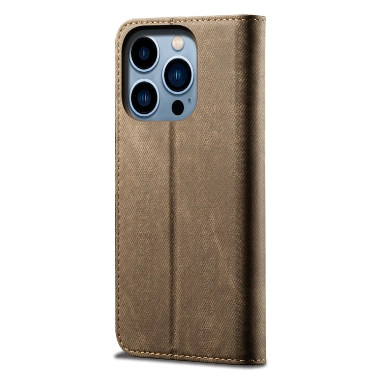 For iPhone 15 Pro Denim Texture Casual Style Horizontal Flip Leather Case(Khaki) - HoMEdemic™ 