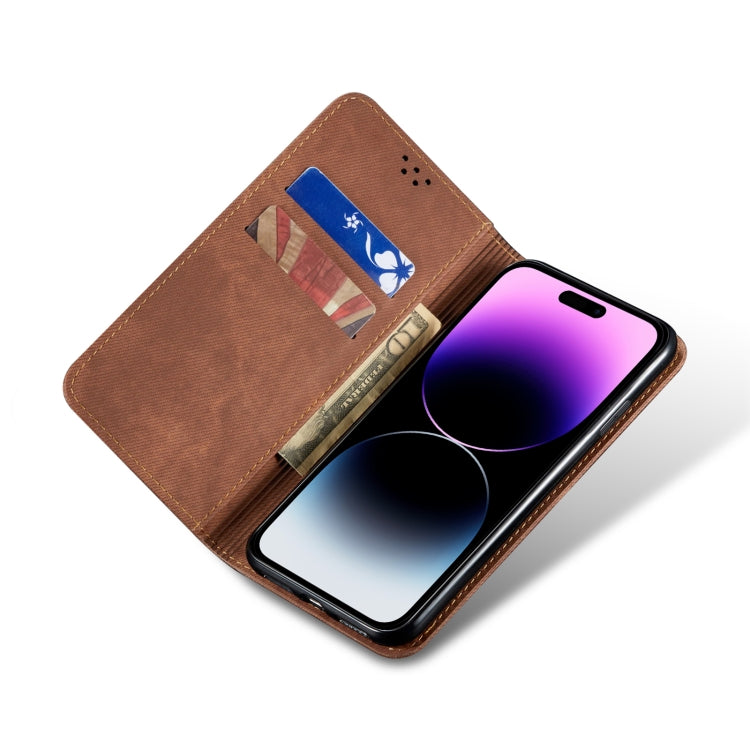 For iPhone 15 Pro Denim Texture Casual Style Horizontal Flip Leather Case(Brown) - HoMEdemic™ 
