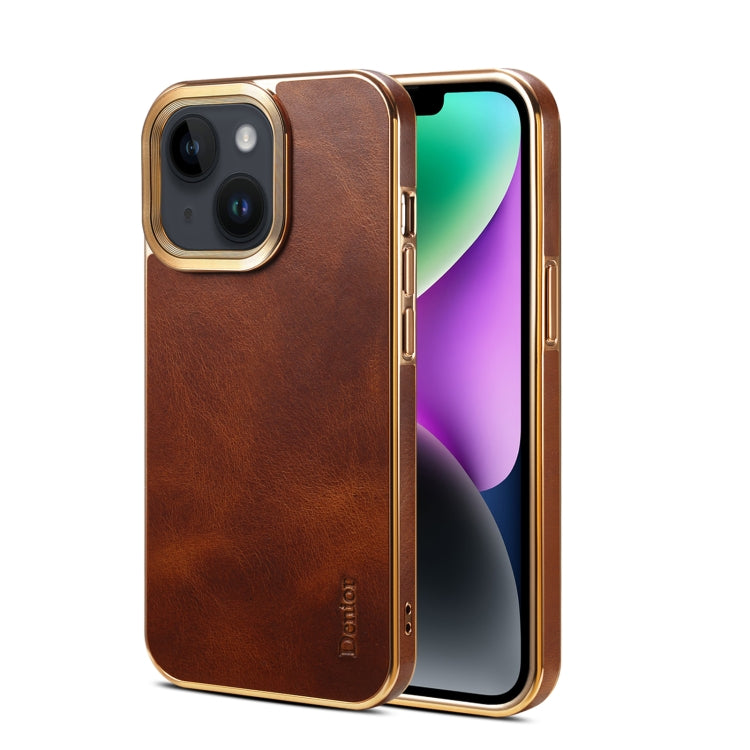 For iPhone 15 Plus Denior Oil Wax Cowhide Plating Phone Case(Brown) - HoMEdemic™ 