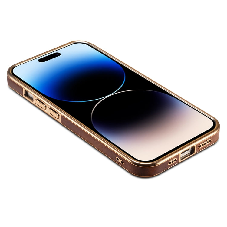 For iPhone 15 Plus Denior Oil Wax Cowhide Plating Phone Case(Brown) - HoMEdemic™ 