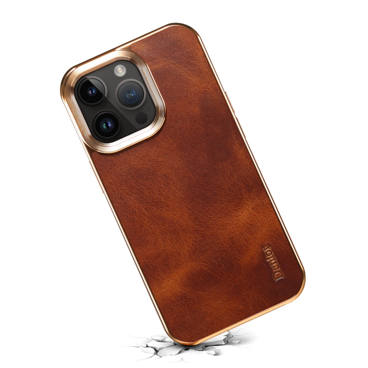 For iPhone 15 Plus Denior Oil Wax Cowhide Plating Phone Case(Brown) - HoMEdemic™ 