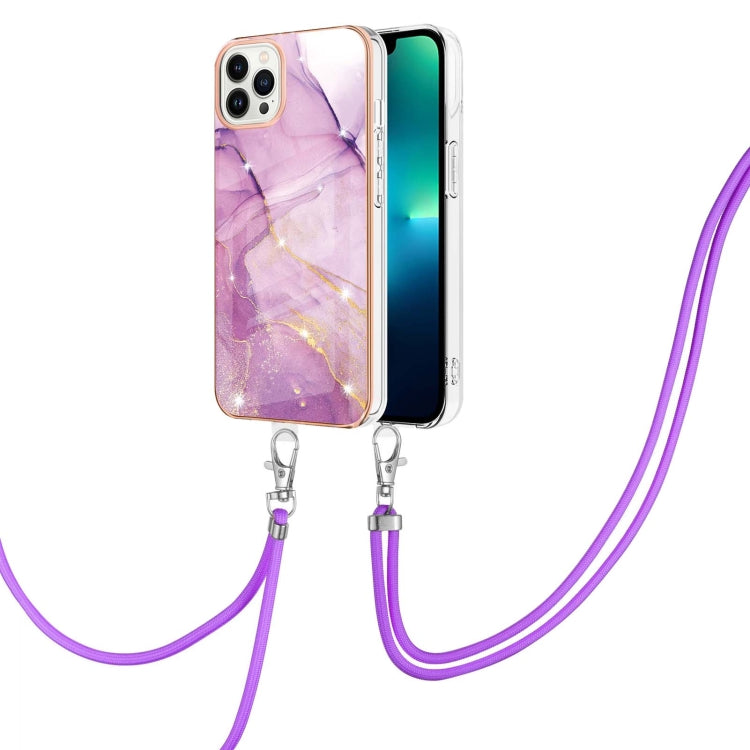 For iPhone 15 Pro Electroplating Marble Pattern IMD TPU Shockproof Case with Neck Lanyard(Purple 001) - HoMEdemic™ 