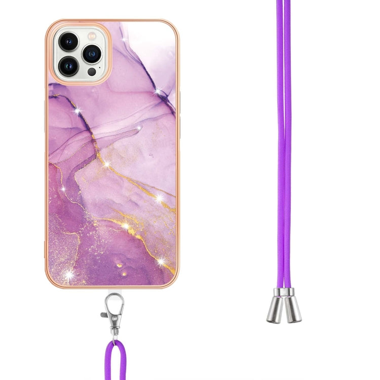 For iPhone 15 Pro Electroplating Marble Pattern IMD TPU Shockproof Case with Neck Lanyard(Purple 001) - HoMEdemic™ 
