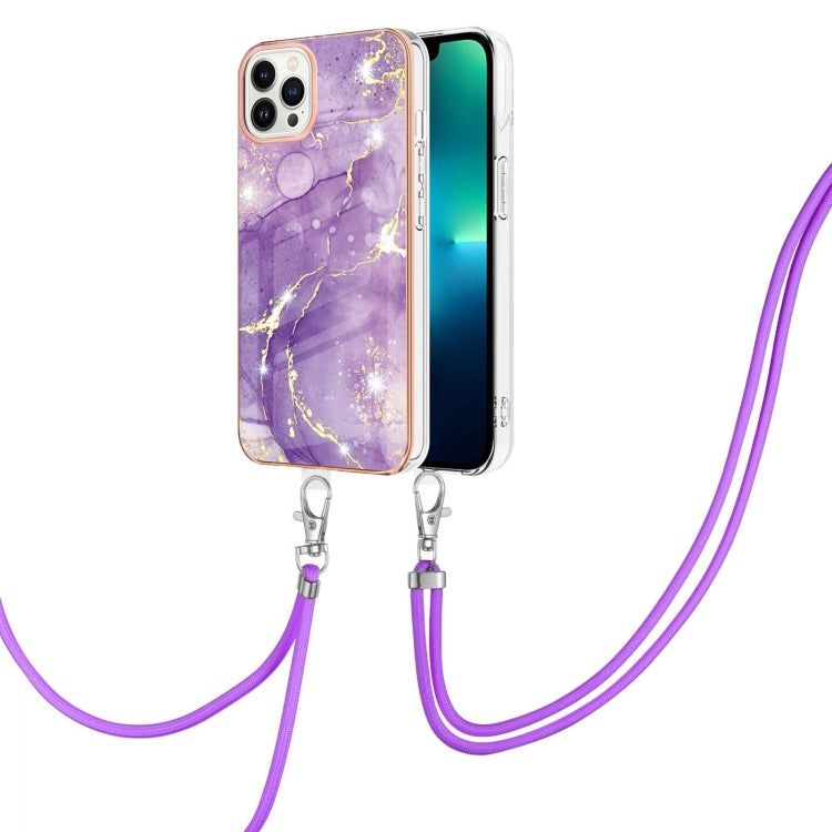 For iPhone 15 Pro Electroplating Marble Pattern IMD TPU Shockproof Case with Neck Lanyard(Purple 002) - HoMEdemic™ 