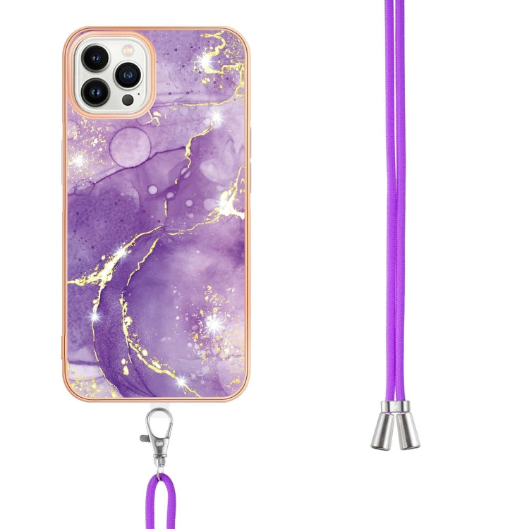 For iPhone 15 Pro Electroplating Marble Pattern IMD TPU Shockproof Case with Neck Lanyard(Purple 002) - HoMEdemic™ 