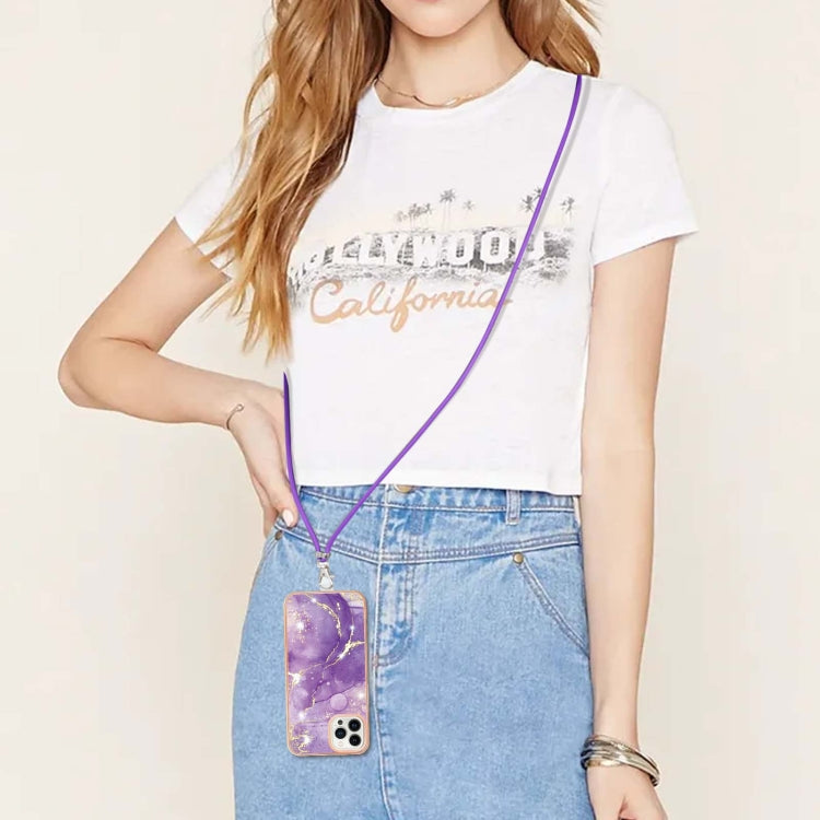 For iPhone 15 Pro Electroplating Marble Pattern IMD TPU Shockproof Case with Neck Lanyard(Purple 002) - HoMEdemic™ 