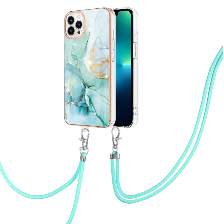 For iPhone 15 Pro Electroplating Marble Pattern IMD TPU Shockproof Case with Neck Lanyard(Green 003) - HoMEdemic™ 